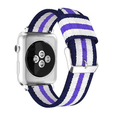 Split nylon watchband for Apple Watch in 38-49mm sizes with rainbow and striped colour options