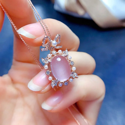 Natural pink rose quartz geometric pendant on 925 silver necklace with rose gold plating