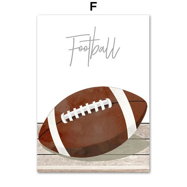 Cartoon illustration of football, basketball and baseball tools on a canvas wall poster for a child's bedroom.