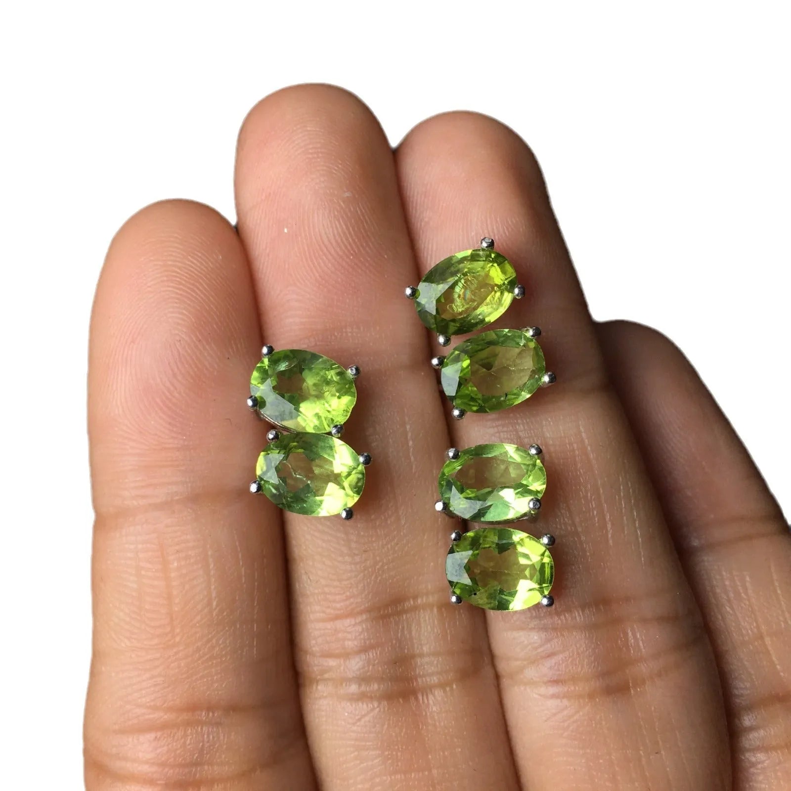 Natural grass green olivine stud earrings in S925 silver with geometric faceted 6×8mm stones
