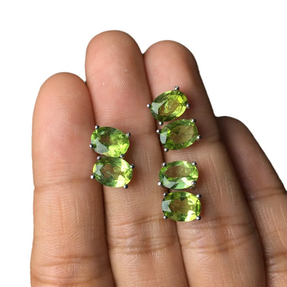 Natural grass green olivine stud earrings in S925 silver with geometric faceted 6×8mm stones