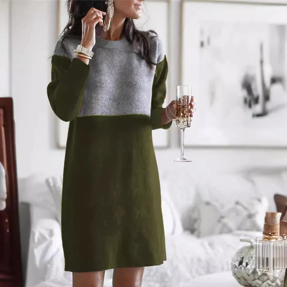 Brown women's long sleeve patchwork dress with a round neck and loose retro fit.