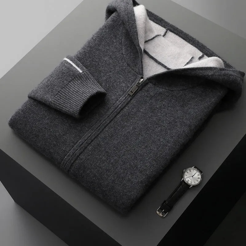 Men's dark blue half-high collar zip cardigan sweater with loose fit and long sleeves