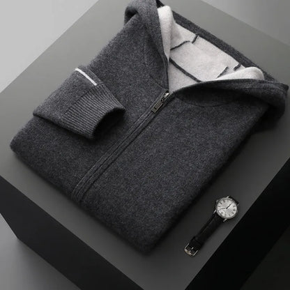 Men's dark blue half-high collar zip cardigan sweater with loose fit and long sleeves