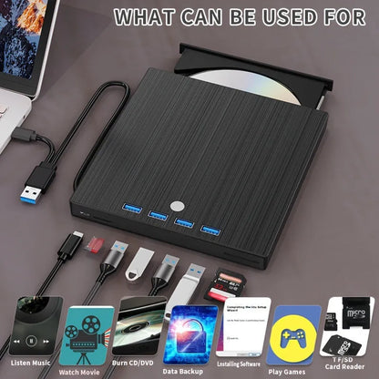 Black external DVD burner with USB Type-C interface, tray loading, 8MB cache and 0.36kg plastic body