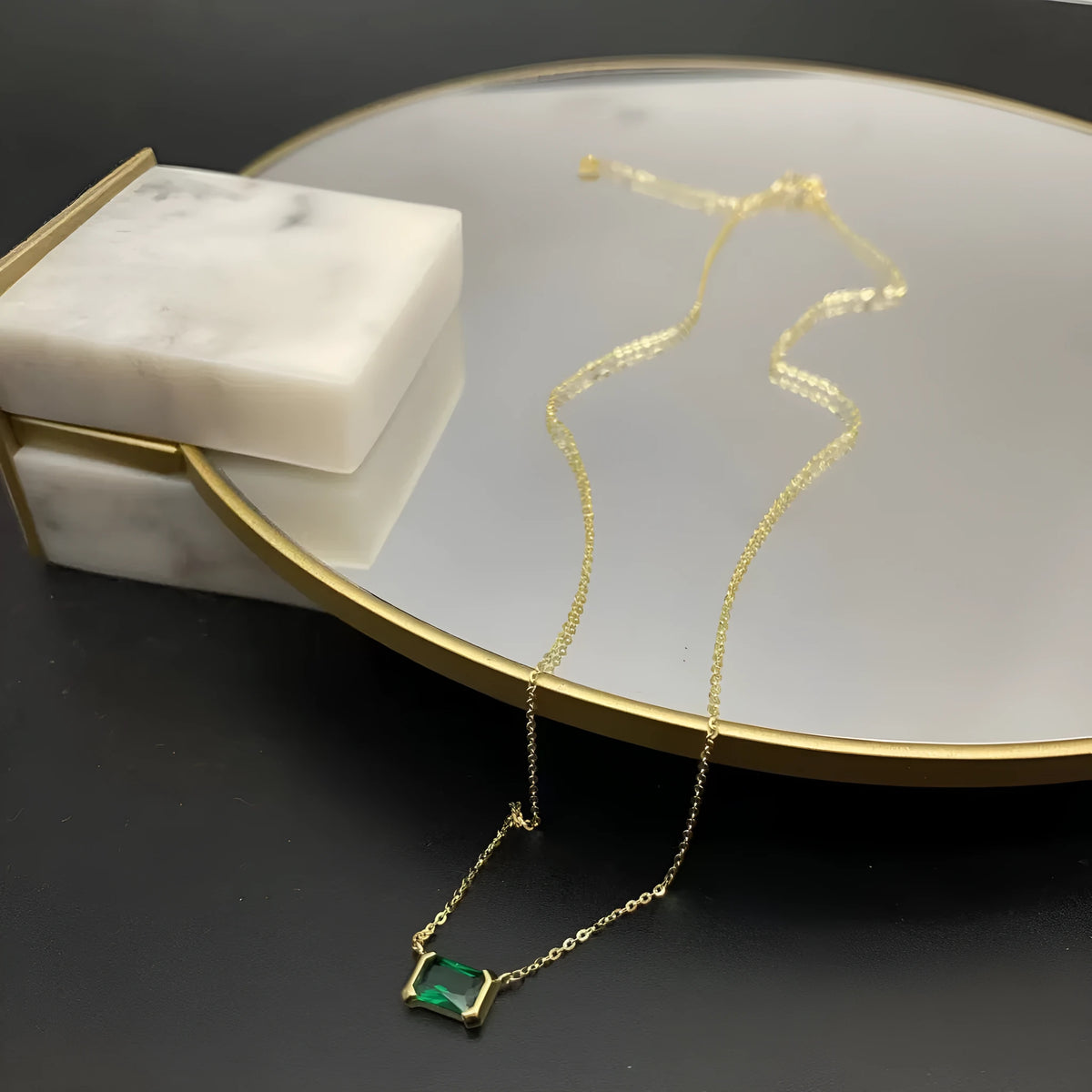 Gold geometric quadrilateral pendant necklace with Lvzuan accents on copper base