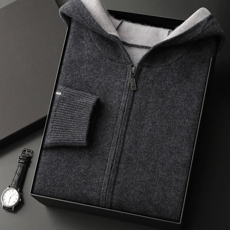 Men's dark blue half-high collar zip cardigan sweater with loose fit and long sleeves