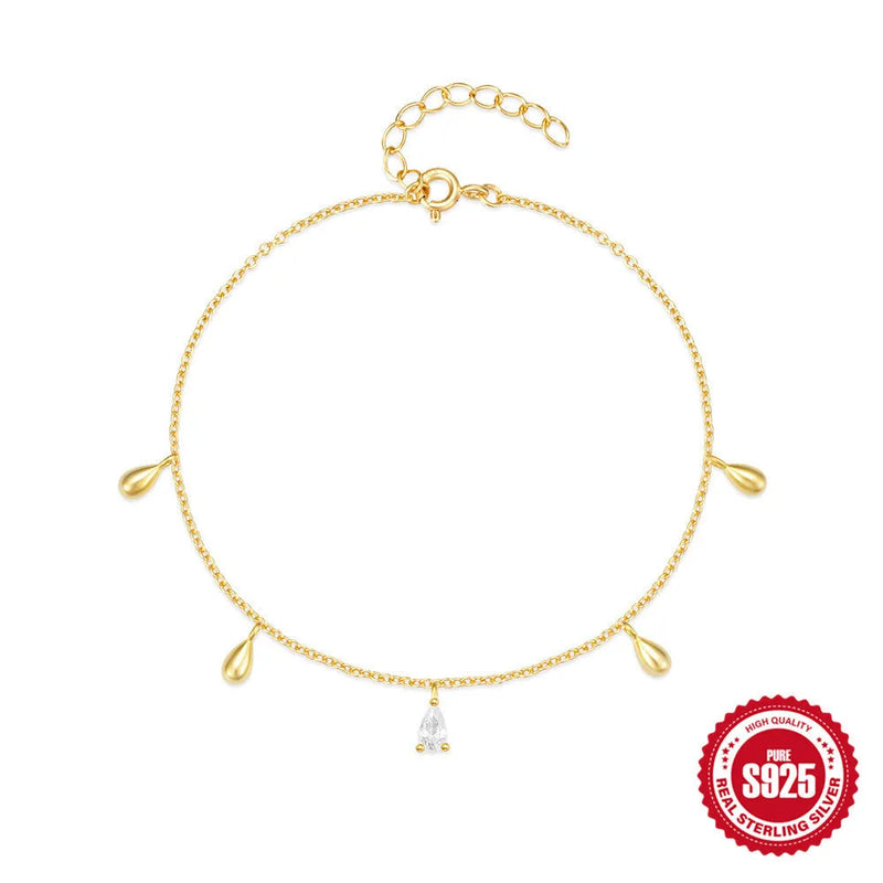 S925 Sterling Silver Water Drop Diamond Pendant Bracelet for Women - Geometric Minimalist Design Gold Colour Summer Wear Gift for Travel Commemoration Occasions
