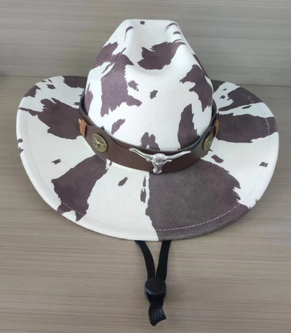 Brown leather velvet Western cowboy hat with curved brim and conical crown
