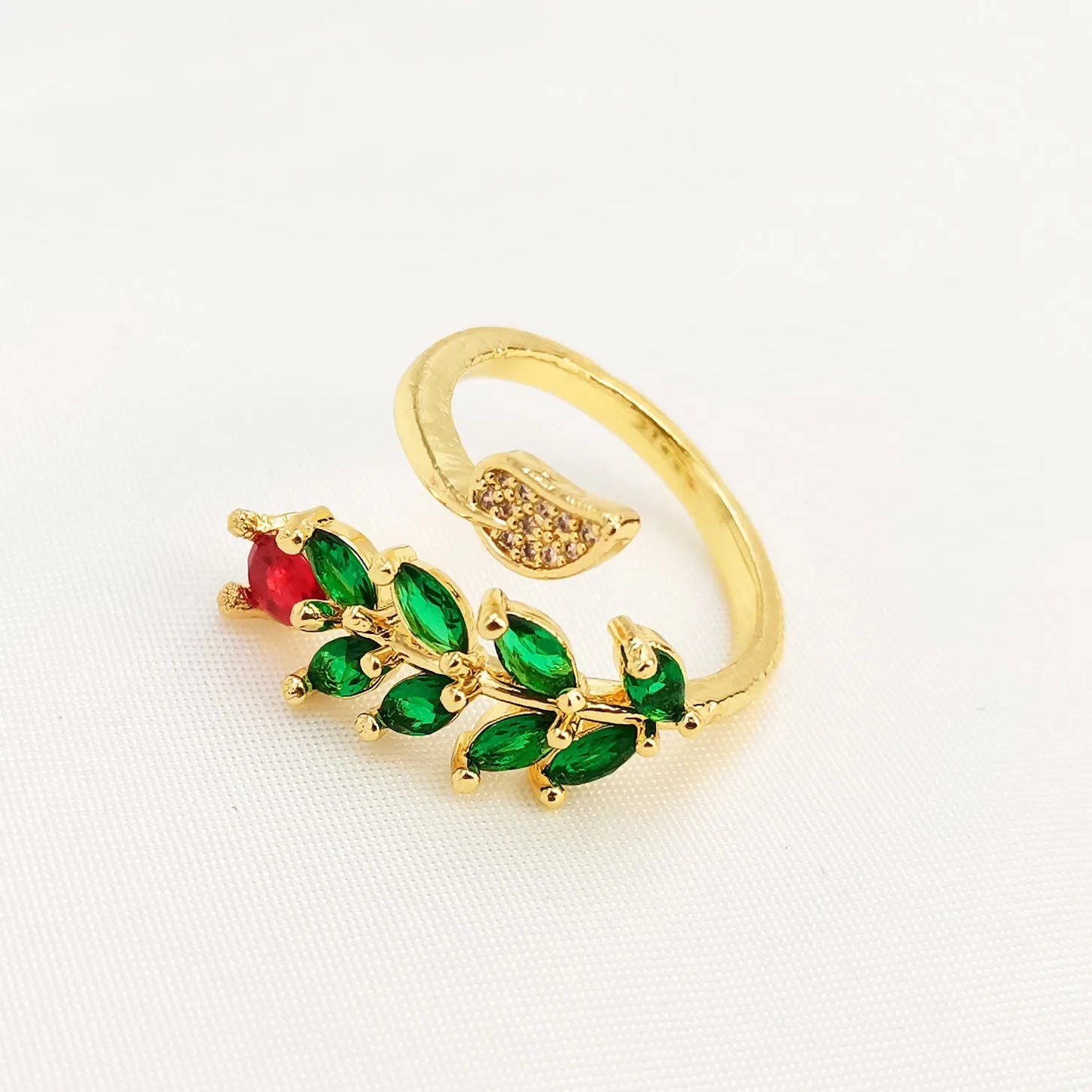 Copper geometric open ring with leaf design and zircon accents for women
