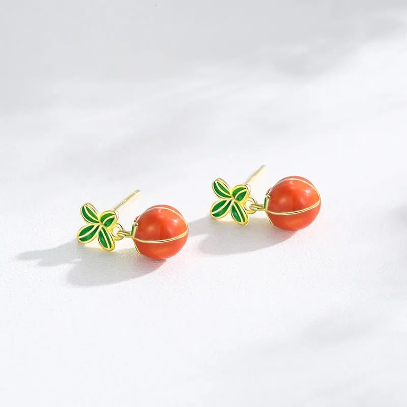 S925 sterling silver persimmon stud earrings with lucky fruit design and ED3325 colour finish