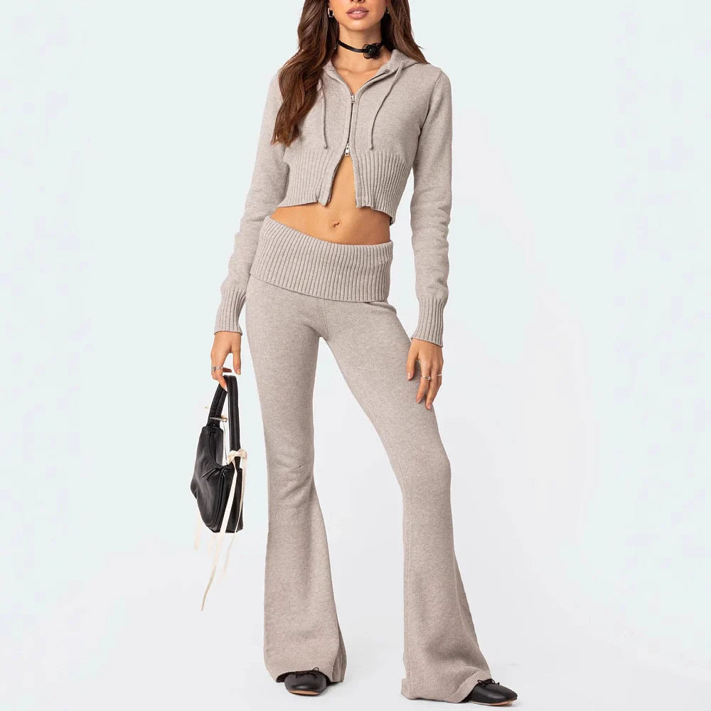 Women's stylish knitted hooded suit with flared pants in various colors