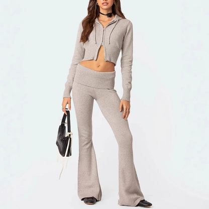 Women's stylish knitted hooded suit with flared pants in various colors