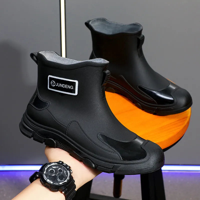 Adult waterproof wading boots minimalist rubber PVC outdoor shoes injection-molded non-slip flat heel short tube rain boots in black, black and yellow, or khaki Korean style solid colour.