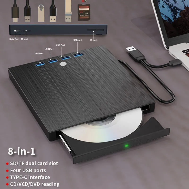 Black external DVD burner with USB Type-C interface, tray loading, 8MB cache and 0.36kg plastic body