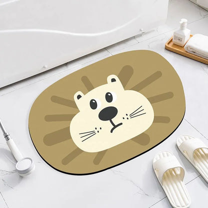 Alien-shaped diatomaceous earth bathroom mat with a cartoon hippo design on a tiled floor.