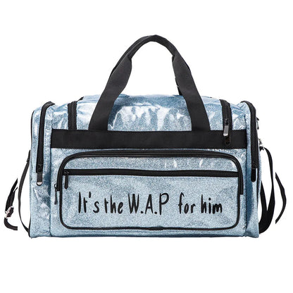 PU leather large sports handbag in blue with dimensions 48x26x22cm showing interior organisation