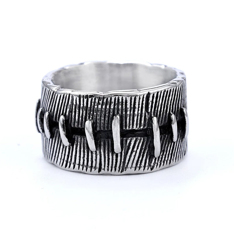 Punk ring stitched dark geometric U-shaped double ring design in titanium steel with retro colour 03302 available in sizes UK 7 to UK 15 for alternative fashion and gothic jewellery styles