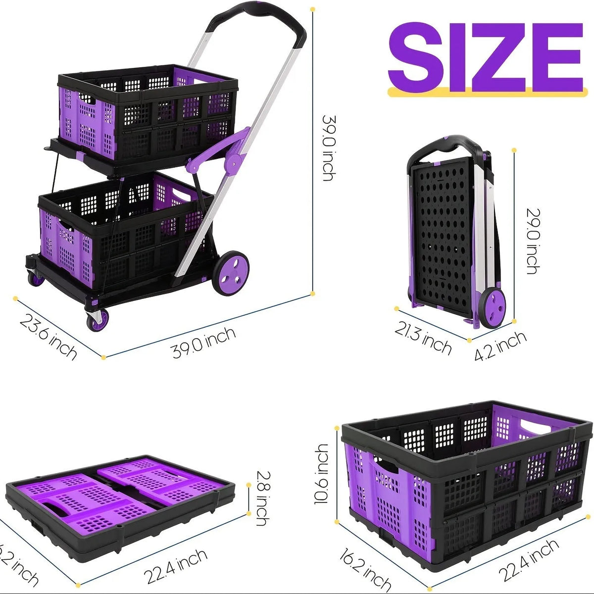 Blue foldable shopping cart with two plastic baskets, shown in an open position.