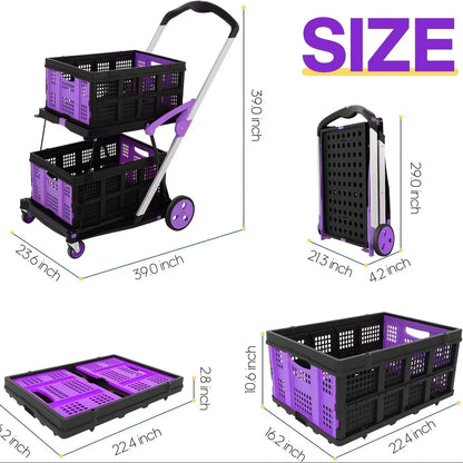 Blue foldable shopping cart with two plastic baskets, shown in an open position.