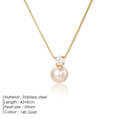 Women's stainless steel necklace with pearl zircon pendant in gold or steel colour options