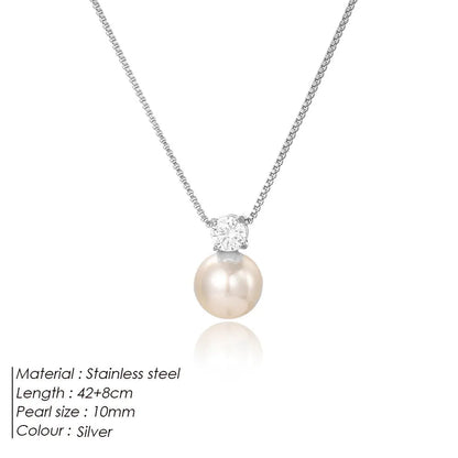 Women's stainless steel necklace with pearl zircon pendant in gold or steel colour options