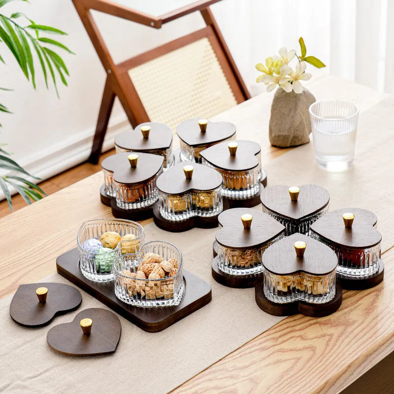 Transparent glass fruit platter with heart-shaped lid in 2-grid, 3-grid, 4-grid, and 5-grid tray options.