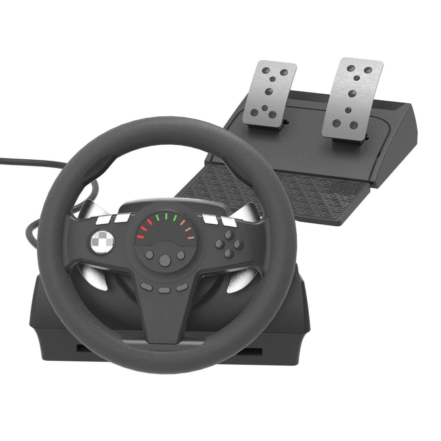 Black multi-platform USB steering wheel with two pedals, paddle shifters, and an LED display on a manual bracket.