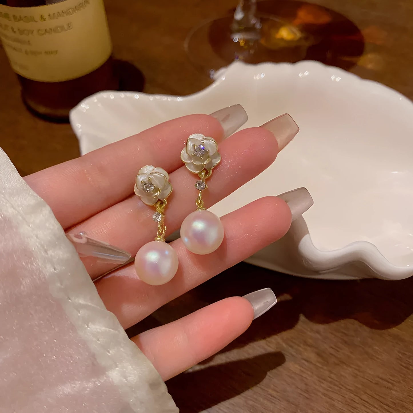 Camellia flower stud earrings for women in alloy with floral design