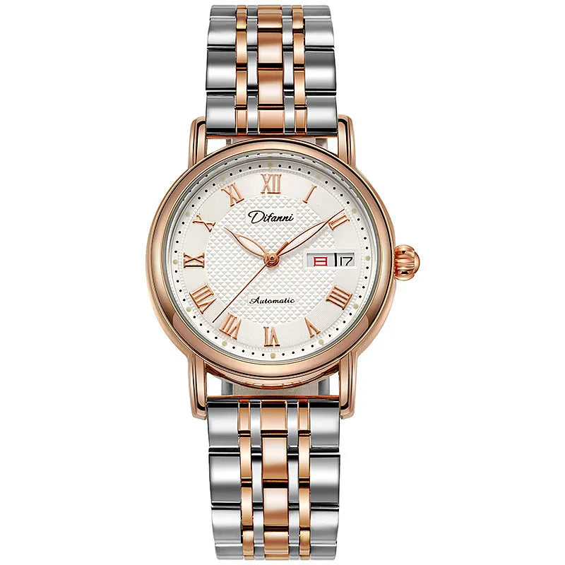 Women's mechanical automatic watch with 12mm thickness showing steel belt and leather strap options