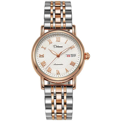 Women's mechanical automatic watch with 12mm thickness showing steel belt and leather strap options
