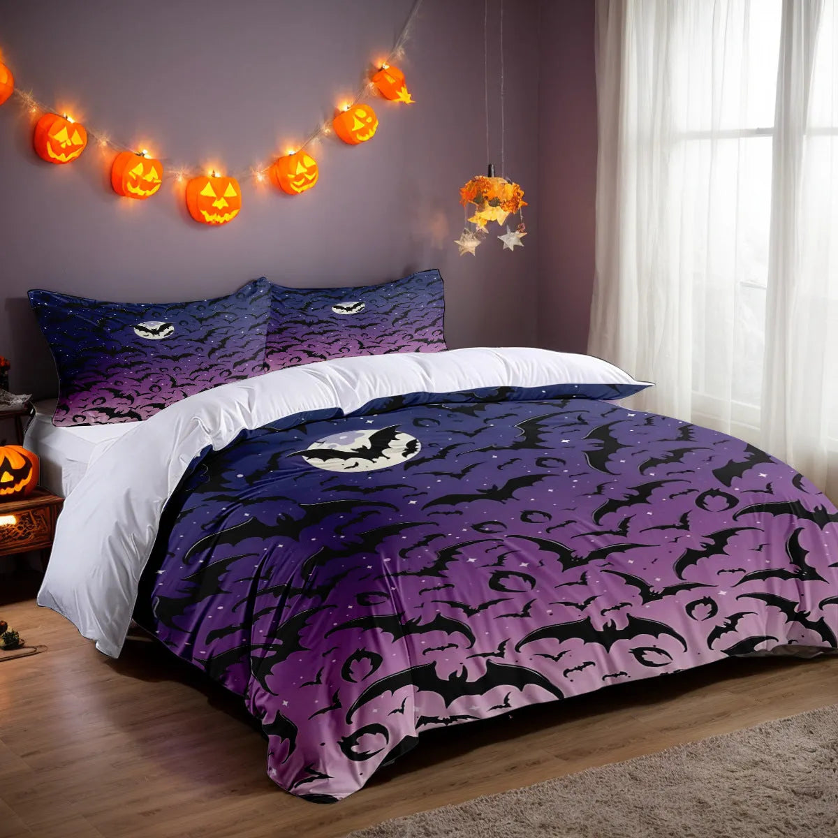 White three-piece bed set with digital printed pattern on chemical fibre fabric