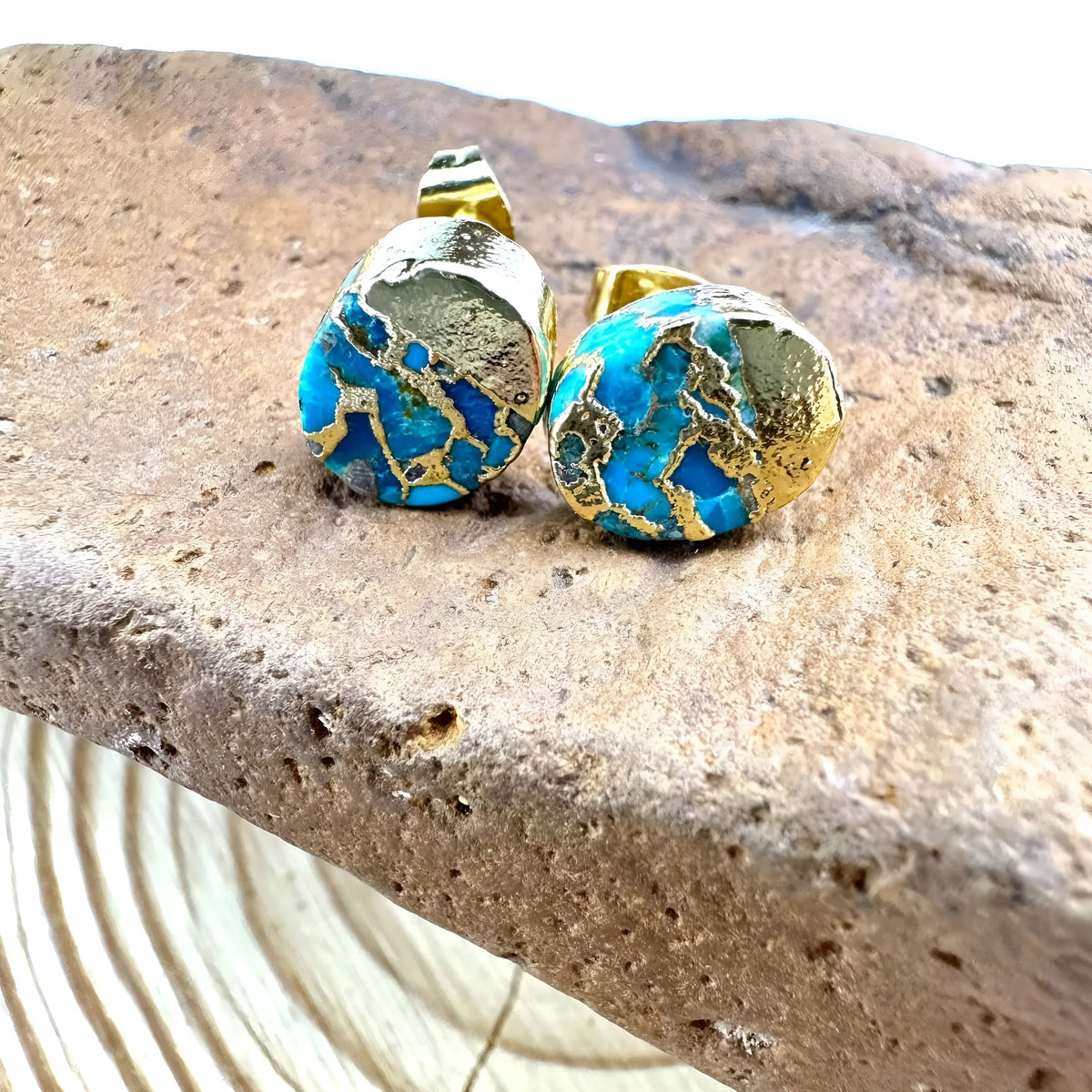 Handmade bohemian style stud earrings made from irregular natural stone in colour ER1031.