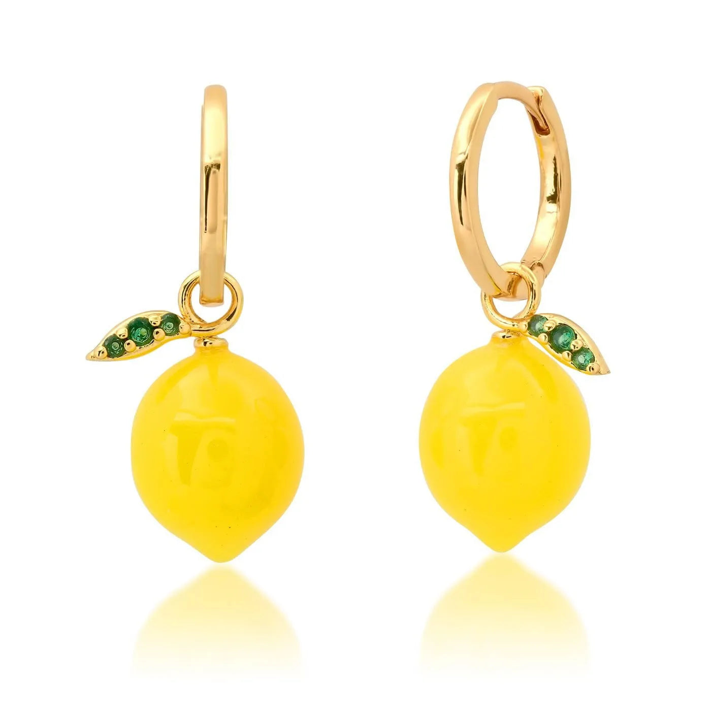 Gold plated copper earrings with detailed fruit and vegetable designs in seven colours.