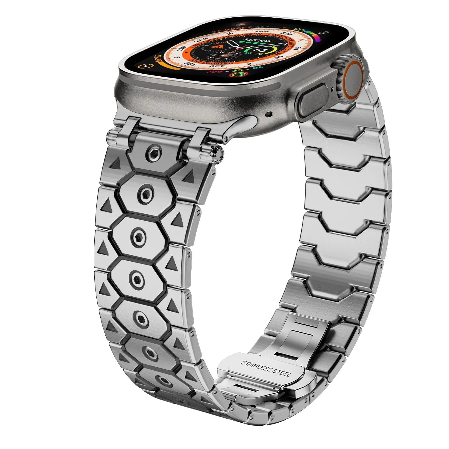 Stainless steel mesh watch strap shown in silver, compatible with iPhone watches, with adjustable clasp.