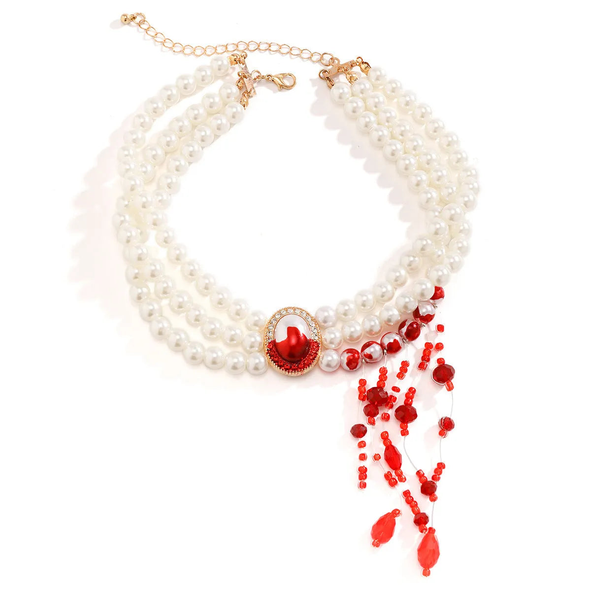 Halloween jewellery set with pearl collar design in gothic retro style showing necklace, bracelet and earrings