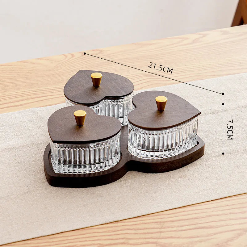 Transparent glass fruit platter with heart-shaped lid in 2-grid, 3-grid, 4-grid, and 5-grid tray options.
