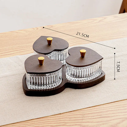 Transparent glass fruit platter with heart-shaped lid in 2-grid, 3-grid, 4-grid, and 5-grid tray options.