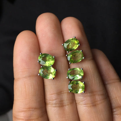 Natural grass green olivine stud earrings in S925 silver with geometric faceted 6×8mm stones