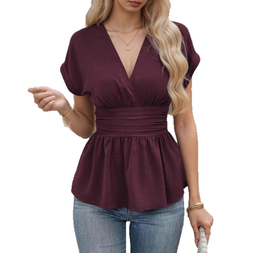 Women's slim-fit polyester V-neck top with waist pleating in five colour options