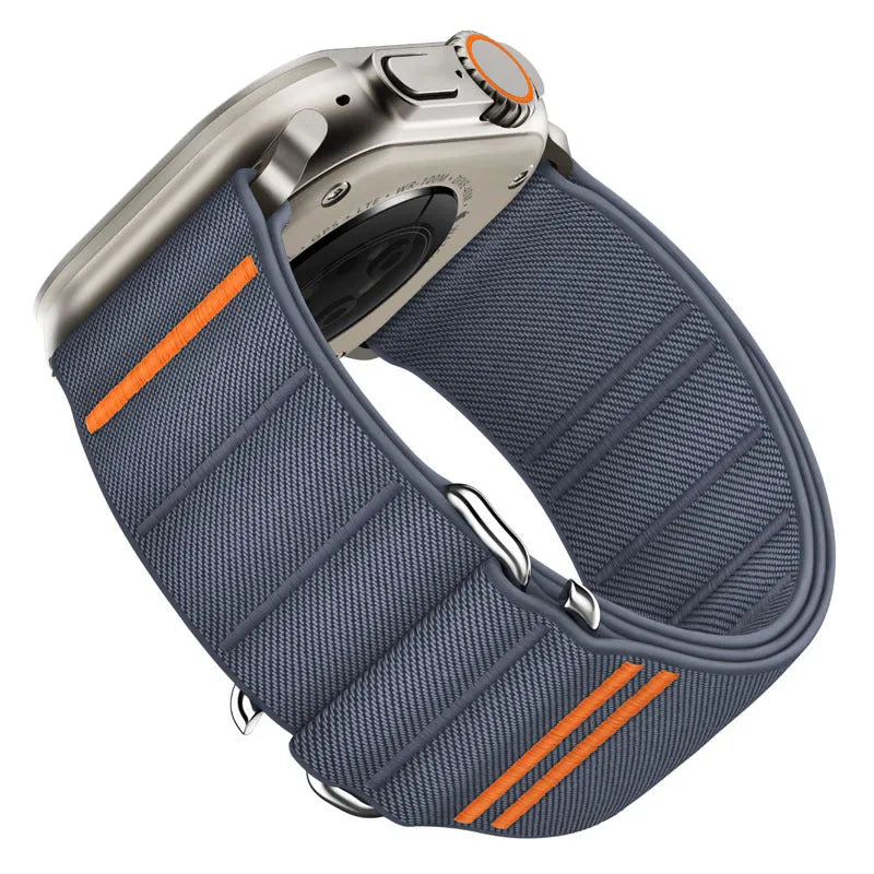 Nylon watch strap with stainless steel buckle for Apple Watch, shown in Army Green colour.