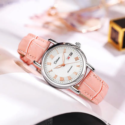 Women's mechanical automatic watch with 12mm thickness showing steel belt and leather strap options