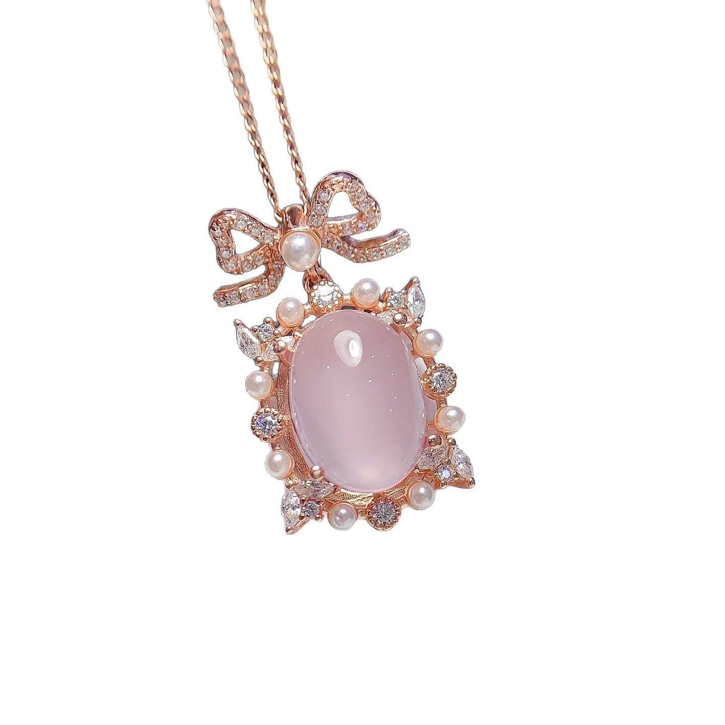 Natural pink rose quartz geometric pendant on 925 silver necklace with rose gold plating