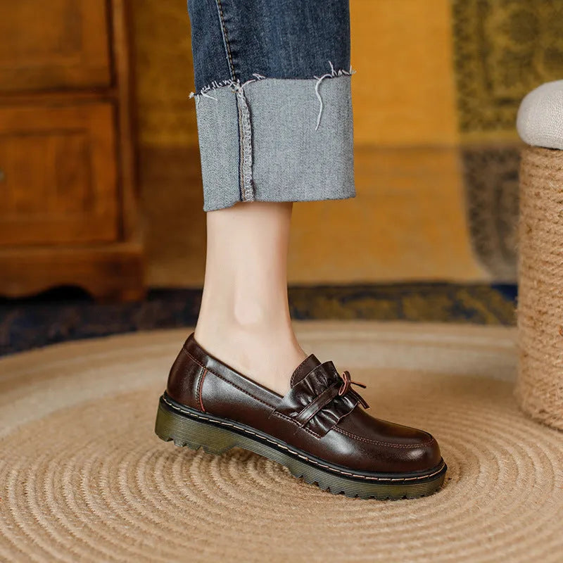 Black and brown women's leather shoes with round toe and chunky flat heel