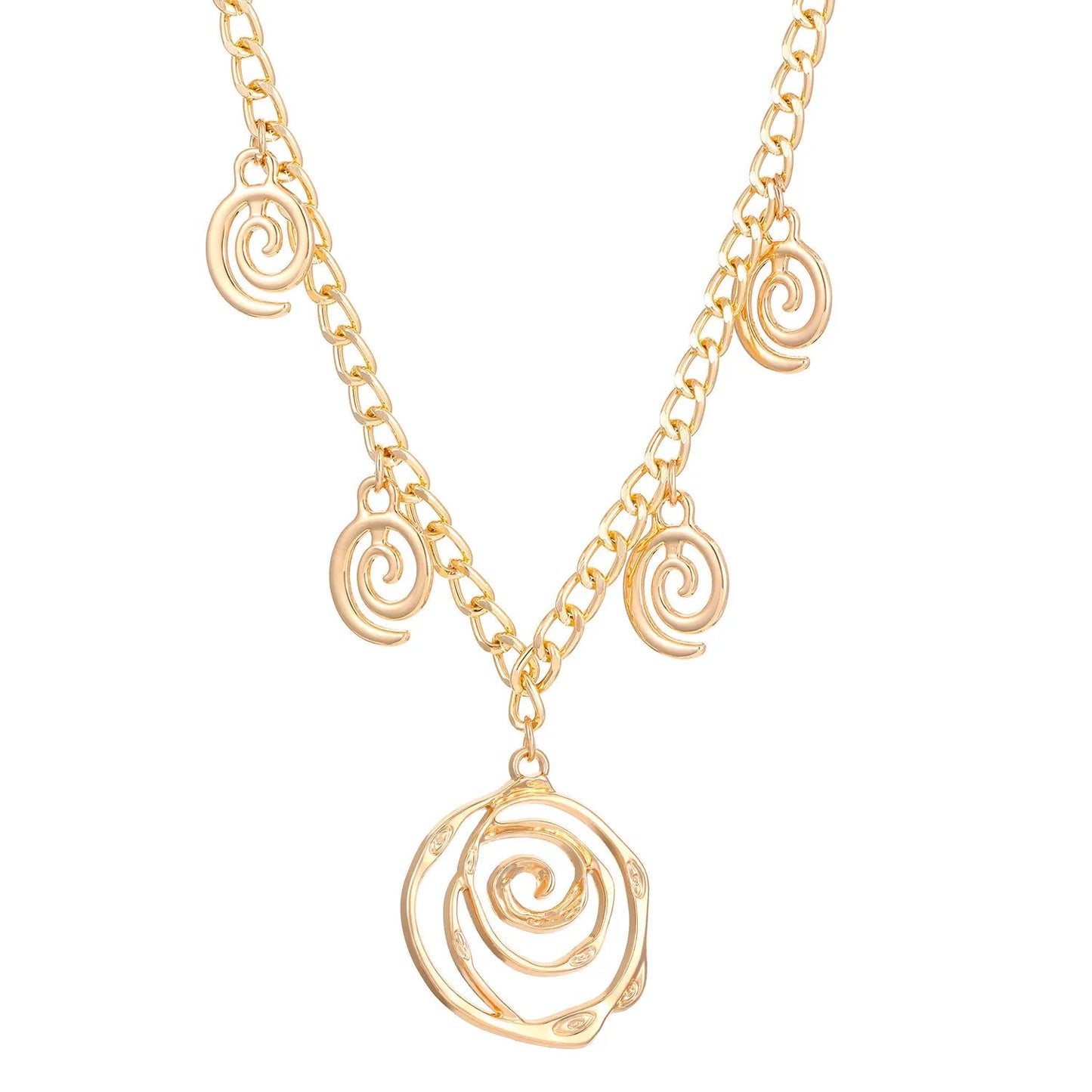 Gold spiral donut alloy jewellery set showing adjustable necklace, matching bracelet, and ear hooks on a plain background.