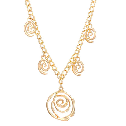 Gold spiral donut alloy jewellery set showing adjustable necklace, matching bracelet, and ear hooks on a plain background.