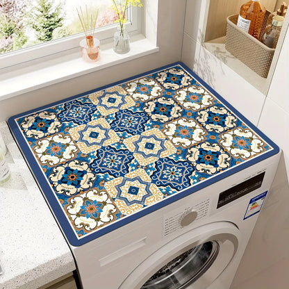 Square polyester washing machine mat with an abstract printed pattern, shown in one of eight available styles.