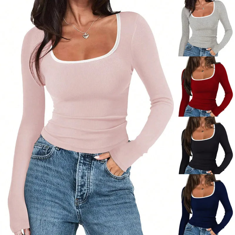 Women's light grey square collar long sleeve cotton pullover on a hanger, showing slim fit and structured neckline.