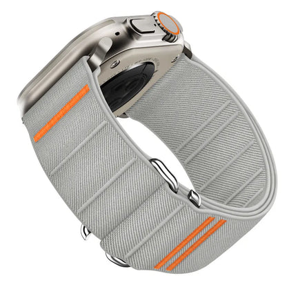 Nylon watch strap with stainless steel buckle for Apple Watch, shown in Army Green colour.