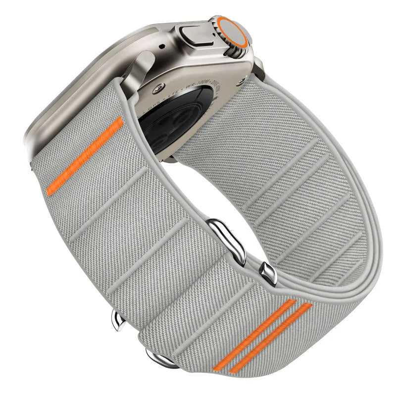 Elastic nylon watchband for Apple Watch with stainless steel buckle, shown in Army Green colour.